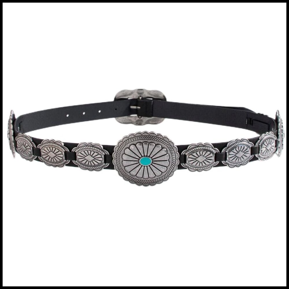 Western Concho Belt Turquoise Cowgirl Style Faux Leather Buckle Rodeo